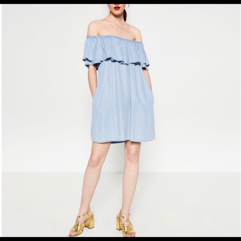 Zara chambray off the shoulder ruffle dress